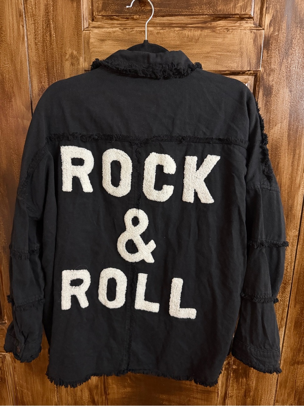 ELAN Black Rock & Roll Distressed Chenille Patch Shacket Jacket Size S, runs big